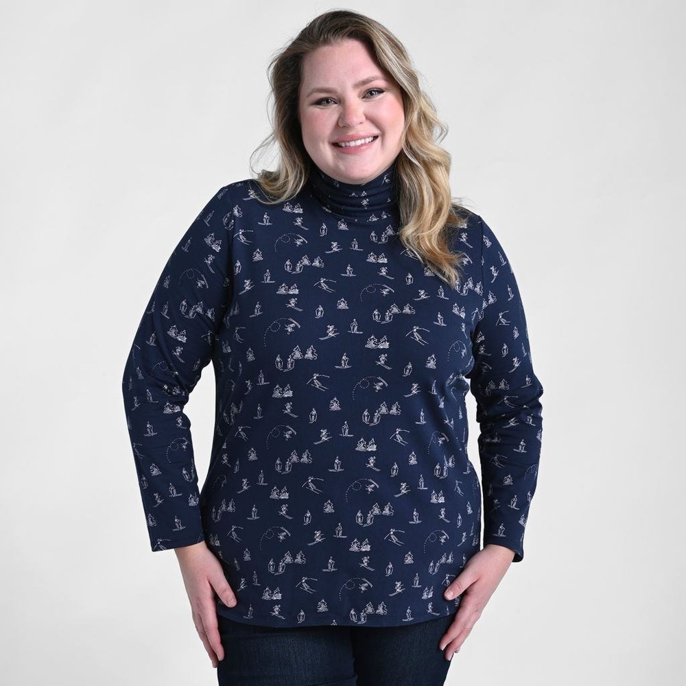 CJ Banks Womens 1X Navy Blue Skiing Print Long Sleeve‎ Turtleneck Top NWT $45